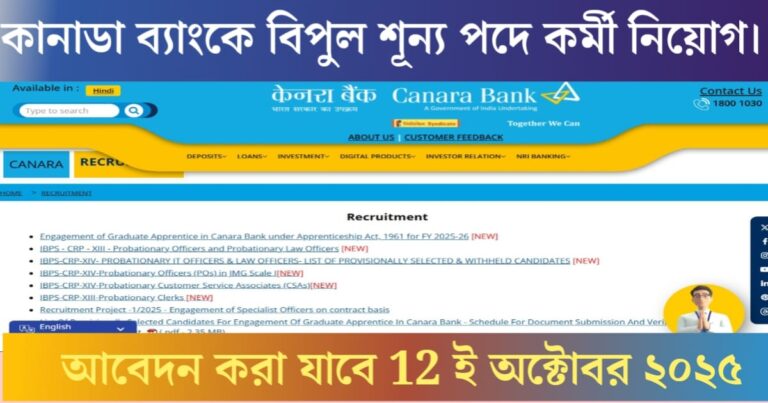 Canara Bank is recruiting for a huge number of vacancies.(ক্যানারা ব্যাংকে বিপুল শূন্যপদে কর্মী নিয়োগের)